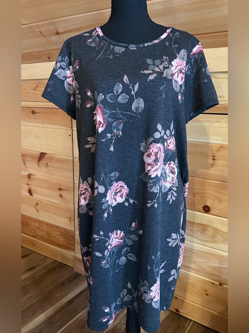 Dark Heather Gray Floral Scoop Neck Dress